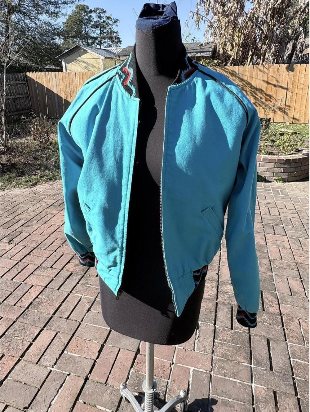 Vintage Style Blue Bomber Jacket with Geometric Knit Trim